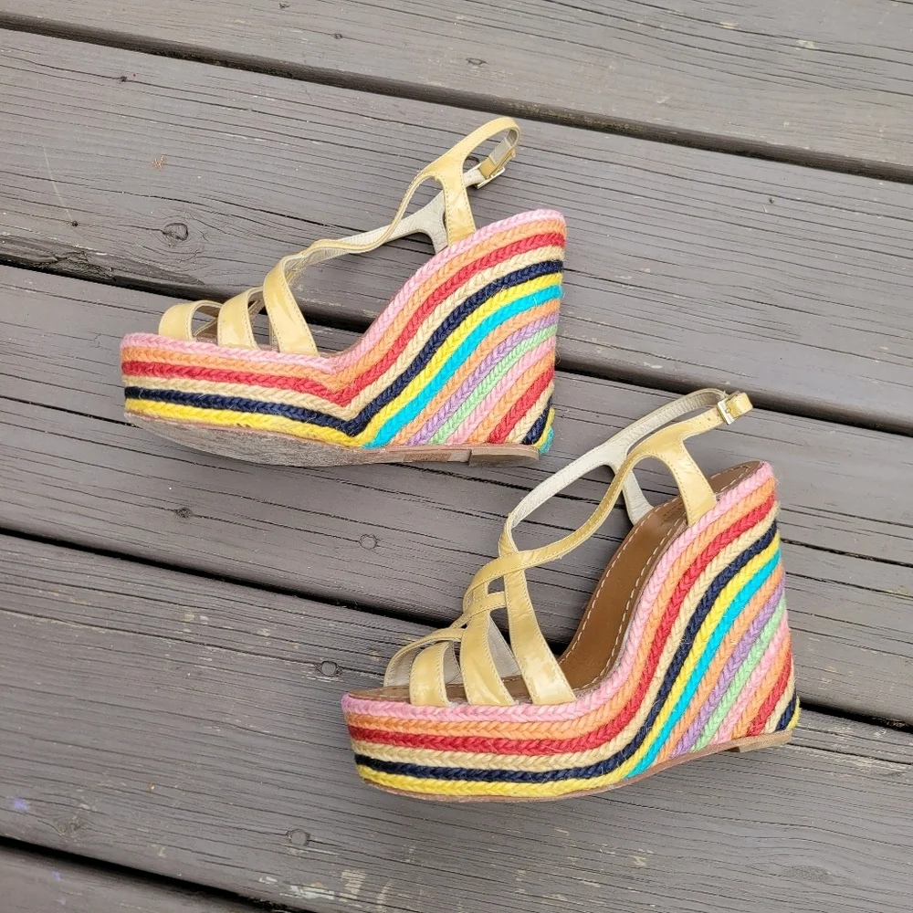 Kate Spade Lindsey‎ Nude Leather Strappy Rainbow Espadrille Platform Sandals 7.5